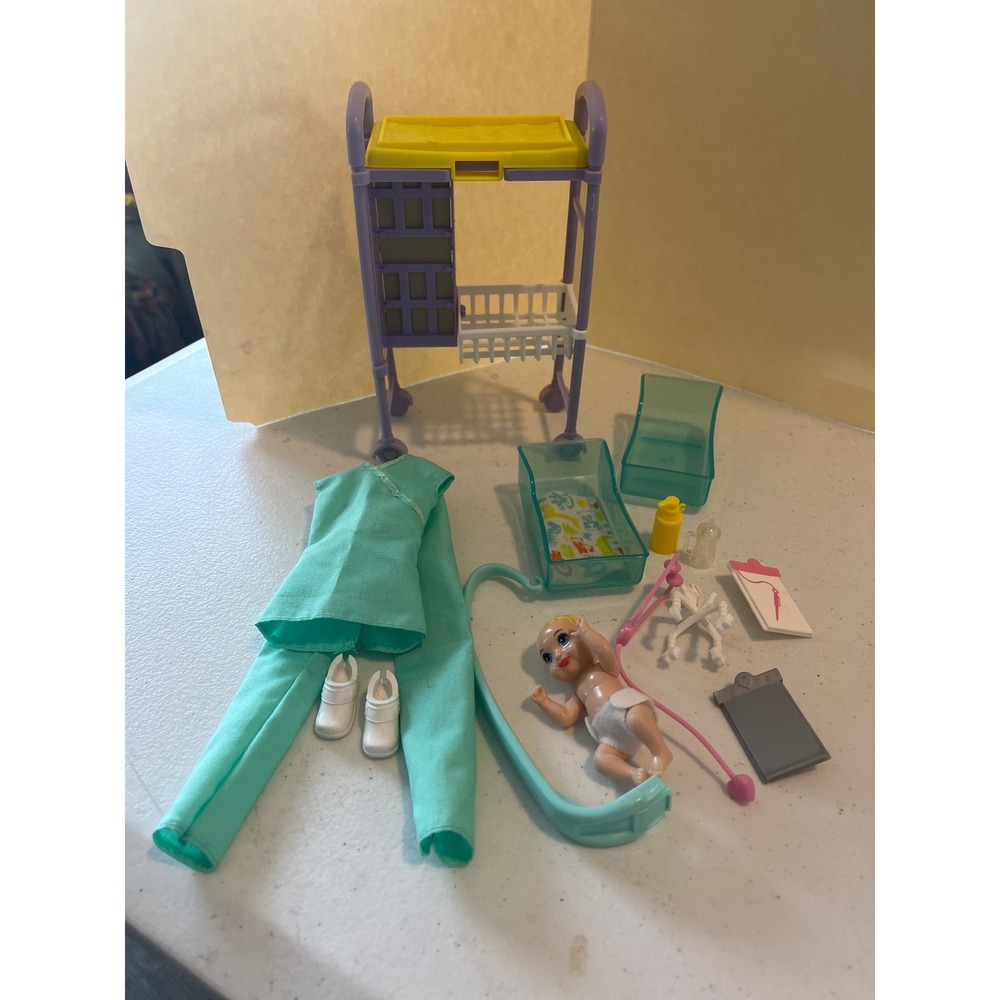 Barbie Baby Doctor Nursery Playset Teal Scrubs Baby Doll & Accessories Lot